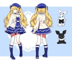 Rule 34 | 1girl, bao bao (dokibird), blonde hair, blue background, blue dress, blue footwear, blue headwear, boots, character sheet, commentary, dokibird (vtuber), dress, english commentary, facing away, green eyes, hat, highres, indie virtual youtuber, jacket, knee boots, layered dress, letterboxed, mei mei (dokibird), one eye closed, second-party source, simple background, stuffed animal, stuffed rabbit, stuffed toy, twintails, virtual youtuber, waka (wk4444), white jacket