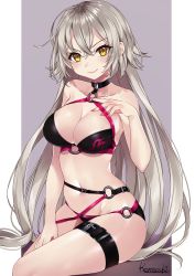 Rule 34 | 1girl, ahoge, artist name, bare arms, bare shoulders, bikini, black bikini, black choker, border, choker, closed mouth, commentary request, cowboy shot, fate/grand order, fate (series), hair between eyes, highres, jeanne d&#039;arc alter (swimsuit berserker) (fate), jeanne d&#039;arc (fate), jeanne d&#039;arc alter (fate), jeanne d&#039;arc alter (swimsuit berserker) (fate), komazuki (komaworks240), long hair, looking at viewer, navel, o-ring, o-ring bikini, o-ring bottom, o-ring top, outline, outside border, pale skin, signature, simple background, single thighhigh, sitting, smile, solo, stomach, strap pull, swimsuit, thigh strap, thighhighs, thighs, very long hair, yellow eyes
