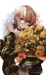 Rule 34 | 1other, absurdres, androgynous, black jacket, blonde hair, bouquet, bow, eyeshadow, flower, glasses, hair behind ear, highres, holding, holding bouquet, jacket, kuga huna, looking at viewer, makeup, melissa kinrenka, nijisanji, off shoulder, red bow, red eyeshadow, short hair, sleeves past fingers, sleeves past wrists, smile, solo, track jacket, virtual youtuber, yellow flower
