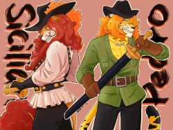 Rule 34 | 2boys, animal ears, black gloves, black headwear, brown gloves, character name, chinese commentary, curly hair, facial hair, gloves, hair over one eye, hat, hat feather, highres, holding, holding sword, holding weapon, lion boy, lion ears, lion tail, long hair, male focus, medium hair, multiple boys, mustache, one eye covered, one piece, orange hair, panther boy, panther ears, panther tail, pedro (one piece), red hair, sharp teeth, shishilian (one piece), smile, sword, tail, teeth, weapon, whiskers, wud