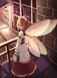 Rule 34 | 1girl, blush, closed mouth, dress, fairy wings, from behind, full body, highres, juliet sleeves, long sleeves, looking at viewer, looking back, natori youkai, orange hair, puffy sleeves, purple eyes, smile, solo, standing, sunny milk, touhou, two side up, wings
