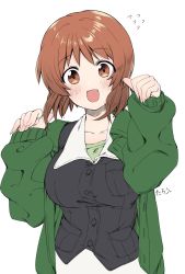 1girl :d artist_name blue_jacket blush brown_eyes brown_hair coat cropped_torso girls_und_panzer green_coat green_shirt highres jacket long_sleeves looking_at_viewer military military_uniform nishizumi_miho ooarai_military_uniform open_clothes open_coat open_mouth revision shirt short_hair signature simple_background smile solo tarou_(komekueyo) upper_body white_background