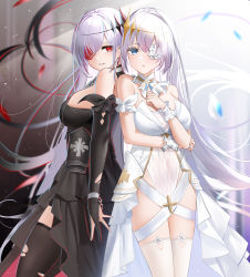 Rule 34 | 2girls, absurdres, azur lane, black dress, black gloves, black legwear, blue eyes, breasts, dress, dual persona, earrings, elbow gloves, emden (azur lane), eyepatch, feet out of frame, flower, gloves, hair ornament, highres, jewelry, long hair, looking at viewer, medium breasts, multiple girls, multiple persona, open mouth, parted lips, partially fingerless gloves, qing wu, red eyes, red flower, red rose, rose, siblings, sideboob, silver hair, sisters, smile, standing, thighhighs, white dress, white flower, white legwear, white rose