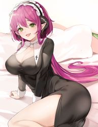 Rule 34 | 1girl, :d, arm support, black dress, blush, breasts, cleavage, commentary request, demon girl, demon horns, dress, fang, green eyes, hair between eyes, hairband, highres, horns, large breasts, lillly, lolita hairband, long hair, long sleeves, looking at viewer, lying, mixed-language commentary, mole, mole under eye, on bed, on side, open mouth, original, pillow, purple hair, smile, solo, very long hair