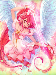 Rule 34 | 10s, 1girl, :d, aino megumi, angel wings, bad id, bad pixiv id, bare shoulders, brooch, collarbone, cure lovely, happinesscharge precure!, heart, heart brooch, jewelry, long hair, magical girl, motoki (hisano motoki), open mouth, pantyhose, pink eyes, pink hair, ponytail, precure, rapier, smile, solo, super happiness lovely, sword, weapon, white pantyhose, white wings, wide ponytail, wings