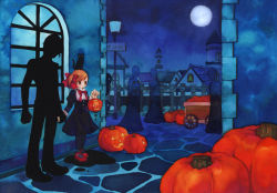 Rule 34 | 1girl, full moon, ghost, holding hands, jack-o&#039;-lantern, moon, original, pumpkin, silhouette, town, tozaki makoto