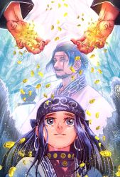 Rule 34 | 1boy, 1girl, adam&#039;s apple, ainu clothes, asirpa, beard, black hair, blue eyes, crying, crying with eyes open, earrings, facial hair, father and daughter, gold, golden kamuy, highres, hoop earrings, jewelry, mujisane togoro, scar, scar across eye, scar on face, tears, upper body, wilk (golden kamuy)