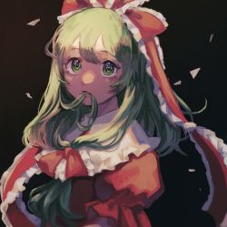 Rule 34 | 1girl, black background, commentary request, dress, front ponytail, green eyes, green hair, hair in own mouth, hair ribbon, highres, kagiyama hina, long hair, looking at viewer, mouth hold, mushiao, red dress, red ribbon, ribbon, short sleeves, solo, touhou, upper body
