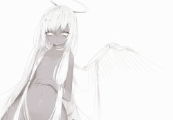 Rule 34 | 1other, absurdres, androgynous, angel, bad id, bad pixiv id, dark skin, flat chest, highres, kotarou (kot mochi), navel, original, skeletal wings, solo, white background, white eyes, white hair, wings