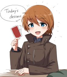 Rule 34 | 1girl, :d, absurdres, blue eyes, blush, brown coat, card, coat, emu 1316, english text, hair between eyes, highres, holding, holding card, isabelle du monceau de bergendal, long sleeves, looking at viewer, no headwear, noble witches, open mouth, orange hair, reverse trap, simple background, smile, solo, speech bubble, swept bangs, upper body, white background, world witches series