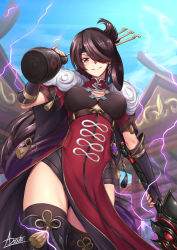 Rule 34 | 1girl, adsouto, artist name, beidou (genshin impact), breasts, building, commentary, cowboy shot, day, earrings, electricity, english commentary, eyepatch, fingerless gloves, genshin impact, gloves, hair over one eye, highres, jewelry, long hair, looking at viewer, medium breasts, outdoors, parted lips, sky, smirk, solo, standing, teeth, thighhighs, watermark