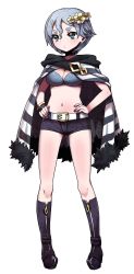 Rule 34 | 1girl, absurdres, belt, boots, breasts, character request, choker, cloak, criminal girls, earrings, eyebrows, flower, full body, hair flower, hair ornament, hands on own hips, highres, ichihaya, jewelry, medium breasts, miu (criminal girls), nail polish, navel, official art, short hair, short shorts, shorts, silver hair, simple background, solo, striped, thick eyebrows, white background