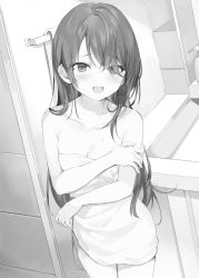 Rule 34 | 1girl, absurdres, bare shoulders, bathroom, blush, breasts, cleavage, collarbone, commentary request, cowboy shot, eyes visible through hair, greyscale, hair over one eye, highres, indoors, long hair, looking at viewer, medium breasts, momoko (momopoco), monochrome, naked towel, open mouth, small breasts, smile, solo, standing, sweatdrop, tokidoki bosotto roshia-go de dereru tonari no arya-san, towel