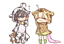 Rule 34 | 10s, 2girls, alternate costume, animal costume, black hair, black ribbon, blonde hair, blue eyes, closed mouth, commentary request, cow costume, closed eyes, hair flaps, hair ribbon, holding stuffed toy, jako (jakoo21), kantai collection, long sleeves, multiple girls, one eye closed, pajamas, remodel (kantai collection), ribbon, shigure (kancolle), sleepy, stuffed animal, stuffed toy, teddy bear, yuudachi (kancolle)