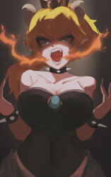 Rule 34 | 1girl, absurdres, bare shoulders, black background, bowsette, bracelet, breasts, breath weapon, breathing fire, choker, cleavage, collarbone, fire, highres, horns, jewelry, ka doku, large breasts, long hair, looking at viewer, mario (series), new super mario bros. u deluxe, nintendo, pointy ears, sharp teeth, simple background, solo, spiked bracelet, spiked choker, spikes, super crown, teeth