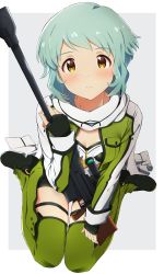 Rule 34 | absurdres, anti-materiel rifle, black footwear, black gloves, black shorts, blush, bolt action, breasts, cosplay, fingerless gloves, from above, gloves, green jacket, green legwear, gun, hair ornament, hairclip, highres, holding, holding weapon, homco, idolmaster, idolmaster million live!, idolmaster million live! theater days, jacket, leotard, leotard under clothes, light green hair, long sleeves, looking at viewer, makabe mizuki, open clothes, open jacket, pgm hecate ii, rifle, scarf, short hair, short shorts, shorts, sidelocks, simple background, sinon, sinon (cosplay), sitting, skindentation, small breasts, smile, solo, sword art online, wariza, wavy hair, weapon, white leotard, white scarf, yellow eyes
