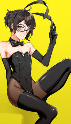 Rule 34 | 1boy, absurdres, animal ears, black gloves, black hair, black pantyhose, blue eyes, blush, boots, braid, crossdressing, detached collar, elbow gloves, fake animal ears, french braid, glasses, gloves, hair ornament, hairclip, highres, indie virtual youtuber, invisible chair, kushizaki (vtuber), leotard, pantyhose, playboy bunny, ponytail, rabbit ears, simple background, sitting, solo, st (youx1119), sweat, thigh boots, thighhighs, trap, virtual youtuber, yellow background