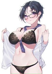 1girl between_breasts black-framed_eyewear black_bra black_panties blue_necktie blush bra breasts glasses highres himeliofon jimiko large_breasts lingerie looking_at_viewer mole mole_under_eye mole_under_mouth navel necktie necktie_between_breasts office_lady original panties parted_bangs purple_eyes redrawn shirt short_hair simple_background solo standing stomach underwear undressing very_short_hair white_background white_shirt