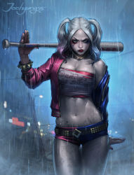 Rule 34 | 1girl, absurdres, baseball bat, belt, dc comics, dccu, fishnet pantyhose, fishnets, harley quinn, highres, jacket, jee-hyung lee, looking at viewer, pale skin, pantyhose, rain, short shorts, shorts, solo, studded belt, suicide squad, tattoo, twintails