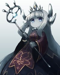Rule 34 | 1girl, blue eyes, colored skin, dress, highres, holding, holding staff, horns, long hair, long sleeves, looking at viewer, mana matitia (okame nin), multiple horns, no mouth, okame nin, original, purple dress, simple background, solo, staff, white background, white hair, white skin