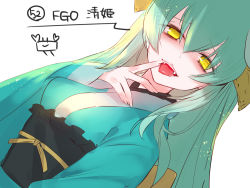 Rule 34 | 1girl, blue kimono, breasts, character name, copyright name, dutch angle, fangs, fate/grand order, fate (series), finger to mouth, fingernails, green hair, hair between eyes, half-closed eyes, hand up, japanese clothes, kimono, kiyohime (fate), long sleeves, looking at viewer, obi, open mouth, sash, simple background, sleeves past wrists, small breasts, solo, tongue, tongue out, white background, wide sleeves, yellow eyes, yuuki kira