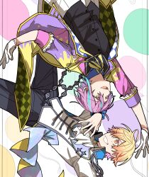 Rule 34 | 2boys, absurdres, ascot, black vest, blonde hair, blue hair, blue shirt, coat, falling, gloves, highres, hoshi-toge, jacket, kamishiro rui, long sleeves, looking at another, male focus, multicolored hair, multiple boys, neck ribbon, open mouth, project sekai, purple coat, purple hair, ribbon, shirt, smile, streaked hair, teeth, tenma tsukasa, vest, white ascot, white gloves, white jacket, yellow eyes, yellow ribbon