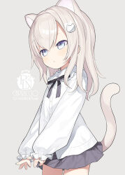Rule 34 | 1girl, :&lt;, animal ears, artist name, black bow, blue eyes, blush, bow, brown hair, capriccio, cat ears, cat girl, cat hair ornament, cat tail, closed mouth, collared shirt, commentary request, cowboy shot, dress shirt, frilled shirt collar, frills, grey background, grey skirt, hair between eyes, hair ornament, long sleeves, original, puffy long sleeves, puffy sleeves, shirt, simple background, skirt, sleeves past wrists, solo, standing, tail, white shirt