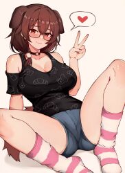 Rule 34 | 1girl, animal ears, bare shoulders, black choker, black shirt, breasts, brown hair, choker, closed mouth, clothing cutout, denim, denim shorts, dog ears, dog tail, extra ears, glasses, hair between eyes, hair ornament, hand up, heart, highres, hololive, inugami korone, inugami korone (loungewear), large breasts, long hair, looking at viewer, no shoes, o-ring, o-ring choker, pom pom (clothes), pom pom hair ornament, print shirt, red eyes, red nails, shirt, short shorts, short sleeves, shorts, shoulder cutout, simple background, sitting, smile, socks, solo, spoken heart, spread legs, striped clothes, striped socks, tail, v, varniskarnis, virtual youtuber, white background