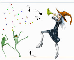 Rule 34 | 00s, 1girl, animal, barefoot, black dress, confetti, dancing, dress, eruka frog, frog, full body, hat, instrument, long hair, long sleeves, musical note, pantyhose, silver hair, simple background, solo, soul eater, trumpet, white background, witch hat, yama