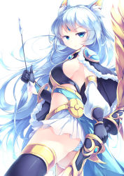 Rule 34 | 1girl, absurdres, animal ear fluff, animal ears, apollousa bow of the goddess, arrow (projectile), ass, black thighhighs, blue eyes, blue hair, blush, bow (weapon), breasts, cowboy shot, duel monster, forehead jewel, gloves, highres, holding, holding bow (weapon), holding weapon, kanzakietc, light frown, long hair, medium breasts, miniskirt, panties, pantyshot, sideboob, simple background, skirt, solo, thighhighs, underwear, very long hair, weapon, white background, yu-gi-oh!