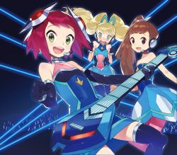 Rule 34 | 3girls, :d, @ @, bare arms, bare shoulders, belle (mega man), big hair, blonde hair, blue dress, blue thighhighs, blush, brown eyes, capcom, commentary request, dress, elbow gloves, embarrassed, gloves, green eyes, guitar, hair ornament, highres, holding, holding instrument, idol, instrument, kin niku, long hair, luna platz (mega man), mega man (series), mega man star force, microphone, multiple girls, open mouth, pantyhose, purple hair, short dress, short hair, side ponytail, smile, sonia strumm (mega man), thighhighs, twintails