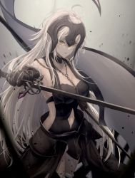 Rule 34 | 1girl, absurdres, ahoge, armor, banner, bare shoulders, black dress, breasts, chain, cleavage, clothing cutout, collar, cowboy shot, dress, fate/grand order, fate (series), faulds, fur-trimmed legwear, fur trim, gauntlets, gradient background, grey background, hair between eyes, headpiece, highres, holding, holding sword, holding weapon, jeanne d&#039;arc (fate), jeanne d&#039;arc alter (avenger) (fate), jeanne d&#039;arc alter (avenger) (third ascension) (fate), jeanne d&#039;arc alter (fate), long hair, looking at viewer, medium breasts, navel cutout, outstretched arm, pale skin, parted lips, sideless outfit, sleeveless, sleeveless dress, solo, sword, v-shaped eyebrows, very long hair, weapon, yagi (yagi5art), yellow eyes