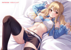 Rule 34 | 1girl, arm up, bed, belt, black panties, black skirt, black thighhighs, blonde hair, blue vest, blush, breasts, brown eyes, commentary request, detached sleeves, fairy tail, hand up, knee up, large breasts, long hair, long sleeves, looking at viewer, low twintails, lucy heartfilia, lying, midriff, miniskirt, navel, on back, open clothes, open vest, panties, pantyshot, parted lips, pillow, sebu illust, skirt, solo, stomach, strapless, thighhighs, thighs, tube top, twintails, underwear, vest, white belt