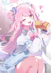 Rule 34 | 1girl, ;d, absurdres, alternate costume, apron, bare legs, blue apron, blue archive, blush, bow, bowtie, cake, double bun, feet out of frame, food, hair bun, heart, highres, holding, holding food, long hair, long sleeves, looking at viewer, meunhongcha, mika (blue archive), one eye closed, open mouth, pink bow, pink bowtie, shirt, sitting, smile, solo, strap slip, swiss roll, very long hair, white shirt, wooden wall