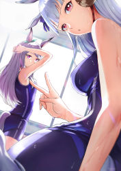 Rule 34 | 2girls, absurdres, animal ears, arms up, bare arms, bare shoulders, blue ribbon, blunt bangs, breasts, competition school swimsuit, gold ship (umamusume), hair ribbon, highres, horse ears, horse girl, horse tail, indoors, looking at viewer, looking back, medium breasts, mejiro mcqueen (umamusume), multiple girls, one-piece swimsuit, parted lips, purple eyes, purple hair, purple one-piece swimsuit, red eyes, ribbon, rororo, school swimsuit, signature, silver hair, swimsuit, tail, umamusume, v, wet, window
