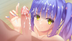 Rule 34 | 1boy, 1girl, absurdres, after handjob, blue hair, blue nails, blush, censored, close-up, closed mouth, commentary request, cum, cum on hair, cum on hands, cum on penis, erection, eternalfeatherx, eyelashes, eyes visible through hair, facial, flower, gyaru, hair between eyes, hair flower, hair ornament, highres, jewelry, kogal, kohibari kurumi, looking at viewer, mosaic censoring, nail polish, necklace, open hand, partial commentary, penis, pink flower, smile, solo focus, split mouth, tenshi souzou re-boot!, twintails, upturned eyes, yellow eyes, yellow nails