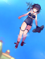 Rule 34 | 1girl, afloat, aircraft, airplane, asymmetrical hair, black hair, black one-piece swimsuit, boots, breasts, brown eyes, brown neckerchief, c6n saiun, floating, framed breasts, from above, gloves, hair between eyes, hat, unworn headgear, headphones, high heel boots, high heels, i-14 (kancolle), kantai collection, lips, looking up, lying, megane poni, neckerchief, ocean, one-piece swimsuit, outdoors, partially fingerless gloves, partially submerged, ripples, sailor collar, school swimsuit, shirt, short hair, single glove, small breasts, swimming, swimsuit, toeless footwear, water, wet