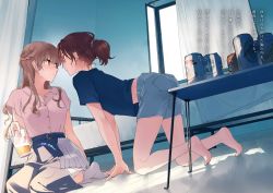 Rule 34 | 2girls, aged up, alcohol, all fours, barefoot, bed, beer, beer can, blouse, blue shirt, blue shorts, blue skirt, braid, can, crawling, crown braid, cup, curtains, drink can, drinking glass, dutch angle, edamoto haru, eye contact, face-to-face, feet, floor, full body, has bad revision, highres, imminent kiss, looking at another, md5 mismatch, midriff peek, multiple girls, nakatani nio, official art, on floor, perspective, pink shirt, resolution mismatch, saeki sayaka, shadow, shirt, shorts, sitting, skirt, socks, source larger, table, translation request, white curtains, white legwear, window, window shadow, wooden floor, yagate kimi ni naru, yagate kimi ni naru: saeki sayaka ni tsuite, yokozuwari, yuri