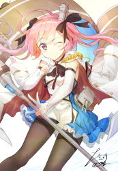 Rule 34 | 1girl, azur lane, black pantyhose, black ribbon, blue skirt, breasts, cannon, clothes on shoulders, dress, elbow gloves, flag, gloves, hair ribbon, hairband, highres, jacket, koroneko p0w0q, long hair, looking at viewer, one eye closed, pantyhose, pink hair, purple eyes, ribbon, saratoga (azur lane), signature, simple background, skirt, small breasts, smile, solo, staff, turret, twintails, white background, white gloves, white jacket