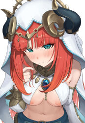 Rule 34 | 1girl, areola slip, armlet, blue skirt, blush, bracer, breasts, brooch, fake horns, genshin impact, green eyes, hair ornament, harem outfit, highres, horns, jewelry, long hair, long sleeves, looking at viewer, low twintails, medium breasts, neck ring, nilou (genshin impact), puffy long sleeves, puffy sleeves, red hair, sash, sidelocks, skirt, smile, solo, sp123, twintails, veil