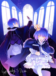 Rule 34 | blue hair, book, brother and sister, crown, dhiea seville (pause), english text, hakoiri nekohime, happy birthday, highres, mo seville (pause), pause (dhiea), short hair, siblings, smile, window, yellow eyes