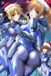 Rule 34 | 3girls, ass, blue bodysuit, blue eyes, blush, bodysuit, breasts, brown hair, cosplay, fate testarossa, from behind, hair ornament, hat, impossible bodysuit, impossible clothes, latex, latex bodysuit, long hair, looking at viewer, looking back, lyrical nanoha, medium breasts, multiple girls, numbers (nanoha), orange hair, outdoors, red eyes, santa hat, sen (sansui), shiny skin, short hair, skin tight, snow, standing, takamachi nanoha, twintails, x hair ornament, yagami hayate, yellow eyes