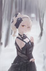 Rule 34 | 1girl, aton (user kufr5245), black dress, black headband, blonde hair, breasts, cleavage, dress, forest, headband, high ponytail, highres, long hair, looking at viewer, medium breasts, nature, original, parted lips, see-through, see-through sleeves, snow, solo, yellow eyes