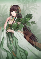 Rule 34 | 1girl, absurdres, artist name, breasts, brown hair, cleavage, dated, dress, earrings, flower, green background, green dress, green eyes, green ribbon, gugu (mirukai), hair flower, hair ornament, hair ribbon, hand up, highres, holding, holding leaf, jewelry, leaf, light smile, long hair, looking at viewer, medium breasts, miracle nikki, ribbon, standing, very long hair, wide sleeves