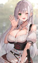 Rule 34 | 1girl, ;d, absurdres, blush, breasts, cleavage, corset, dirndl, flower, german clothes, green eyes, hair flower, hair ornament, hand up, highres, hololive, jewelry, large breasts, long hair, looking at viewer, necklace, official alternate costume, one eye closed, open mouth, shirogane noel, shirogane noel (dirndl), smile, snowflake necklace, solo, teeth, upper teeth only, virtual youtuber, watao, white hair