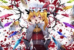 Rule 34 | 1girl, alternate eye color, ascot, blonde hair, blood, blood on face, blood on hands, blood splatter, blouse, broken glass, broken mirror, collared shirt, crazy smile, crystal, dress, fang, flandre scarlet, glass, hair between eyes, hands on own cheeks, hands on own face, hat, hat ribbon, highres, long sleeves, mirror, mob cap, open mouth, pink eyes, puffy long sleeves, puffy sleeves, red dress, reflection, ribbon, rihito (usazukin), sash, shards, shirt, side ponytail, smile, solo, touhou, white background, white shirt, wings, yellow ascot