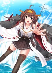Rule 34 | 10s, 1girl, :d, ahoge, black thighhighs, brown hair, dated, detached sleeves, go-it, grey eyes, hairband, headgear, kantai collection, kongou (kancolle), long hair, looking at viewer, open mouth, skirt, smile, solo, thighhighs, wide sleeves