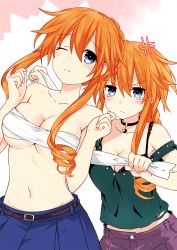 Rule 34 | 2girls, angry, breasts, chest sarashi, cleavage, covering privates, covering breasts, date a live, highres, incest, large breasts, long hair, multiple girls, orange eyes, orange hair, sarashi, siblings, sisters, tearing up, tsunako, twincest, twins, yamai kaguya, yamai yuzuru