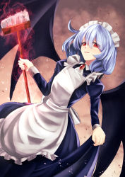 Rule 34 | 1girl, ahoge, alternate costume, apron, ascot, aura, bat wings, blue dress, breasts, brooch, debris, dress, dress grab, dutch angle, enmaided, eyes visible through hair, fang, hair between eyes, highres, jewelry, long sleeves, looking at viewer, maid, maid apron, maid headdress, parted lips, puffy long sleeves, puffy sleeves, red eyes, red pupils, remilia scarlet, short hair, sinkai, small breasts, smile, smoke, solo, touhou, wings