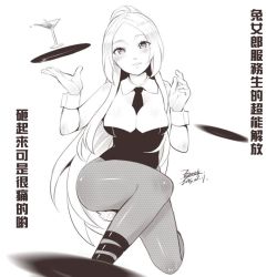 Rule 34 | 1girl, blush, breasts, character request, chinese text, cleavage, ejami, greyscale, groin, league of legends, long hair, looking at viewer, monochrome, pantyhose, playboy bunny, simple background, smile, solo, translation request, white background